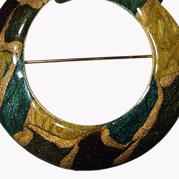Vintage Tribal Hand Painted Statement Brooch Swirl Glitter Gold Green Jewelry - Picture 2 of 4